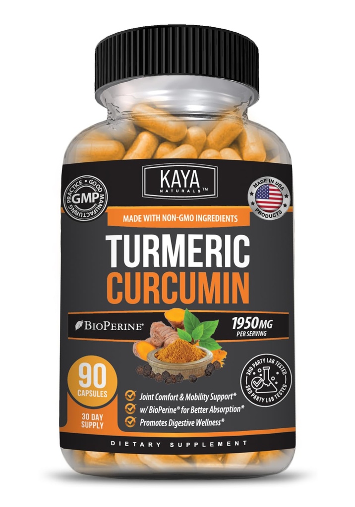 Kaya Naturalsターメリックプラチナ、60カウントカプセル、バイオペリン、95%標準化されたクルミノイドとプレミアムサポート - 60カプセル