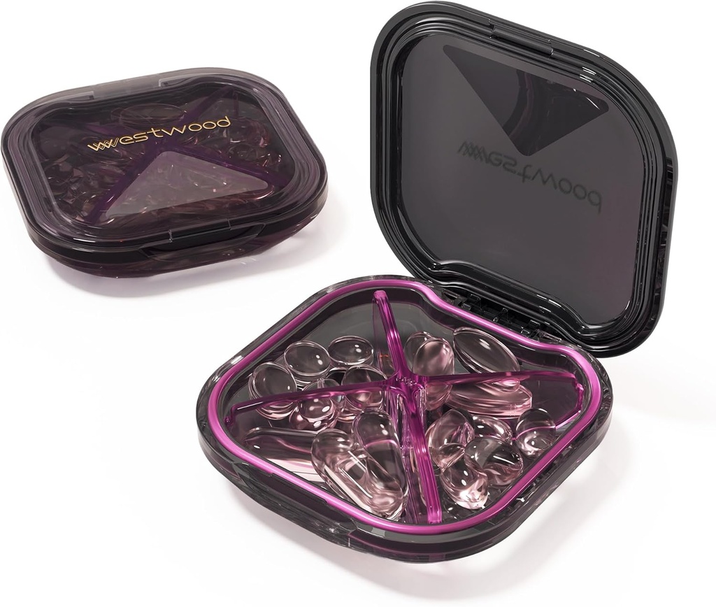 1 Pack Small Purple Pill Organizer, 4 Compartments, Compact Stylish Cute Travel Camping Pill Box Daily Medicine Pill Case, Portable and Moistureproof to Store Vitamins, Medication and Supplements