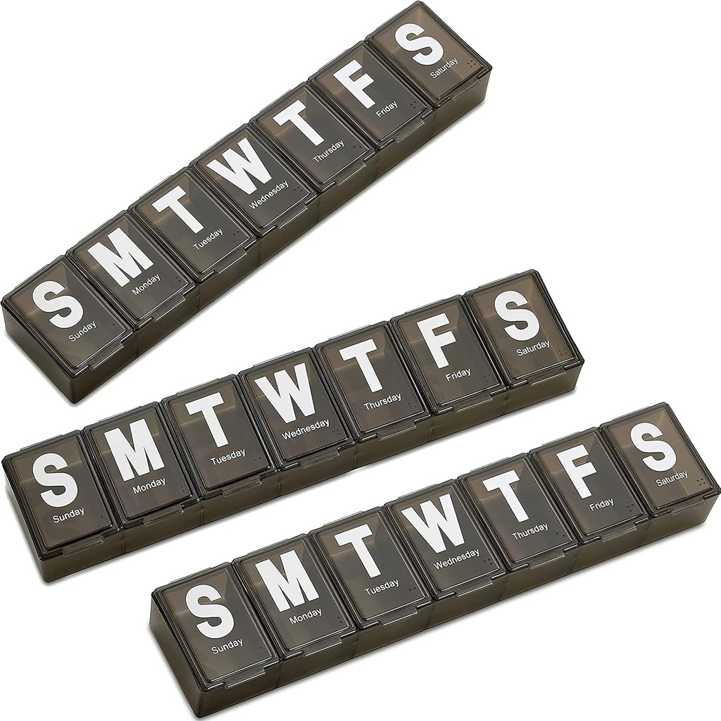 ウィークリーピルオーガナイザー - (パック 3) ジャンボと余分な大きなビタミン容器 簡単に手紙を読む, BPA 無料 - 毎日の旅行 7 日薬ピルボックスケース, (黒)