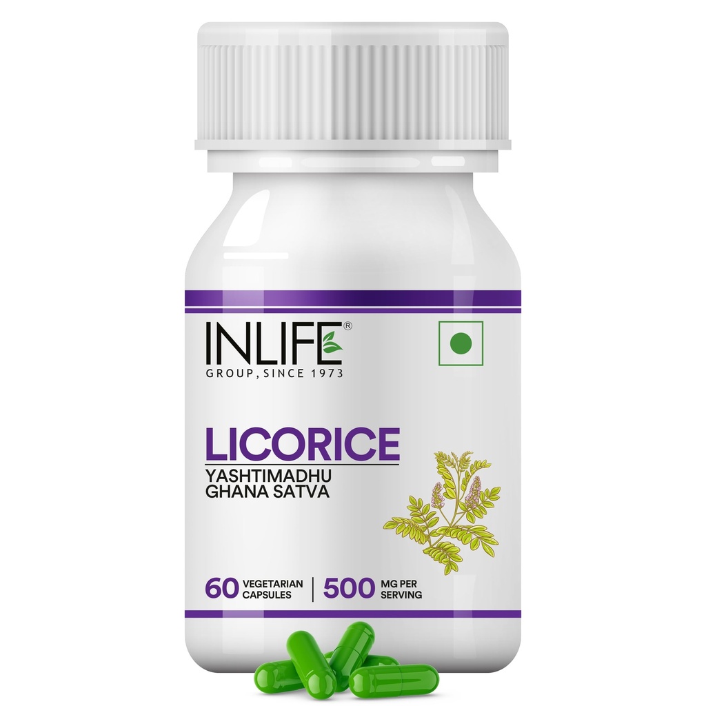 INLIFE Licoriceの根のエキス(Yasthimadhu)は>20%のGlycyrrhizinicの酸の補足、500のmg - 60のベジタリアンのカプセルに標準化しました
