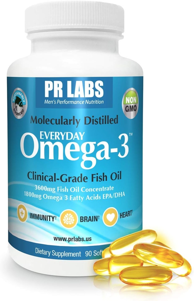 PR Labs - 毎日のオメガ-3 臨床グレードの魚油サプリメント 男性用 - 心、脳、免疫、共同サポートを促進 - 持続的に供給され、分子的に蒸留 - 1800mg EPAとDHA - 1パック