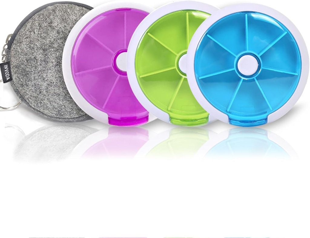 ピルケース週刊INVODAの丸薬のオルガナイザー7日3回薬の丸薬ディスペンサーの押しボタンは7つのコンパートメント(4PCS+Bag)の丸薬のプラナーを回します