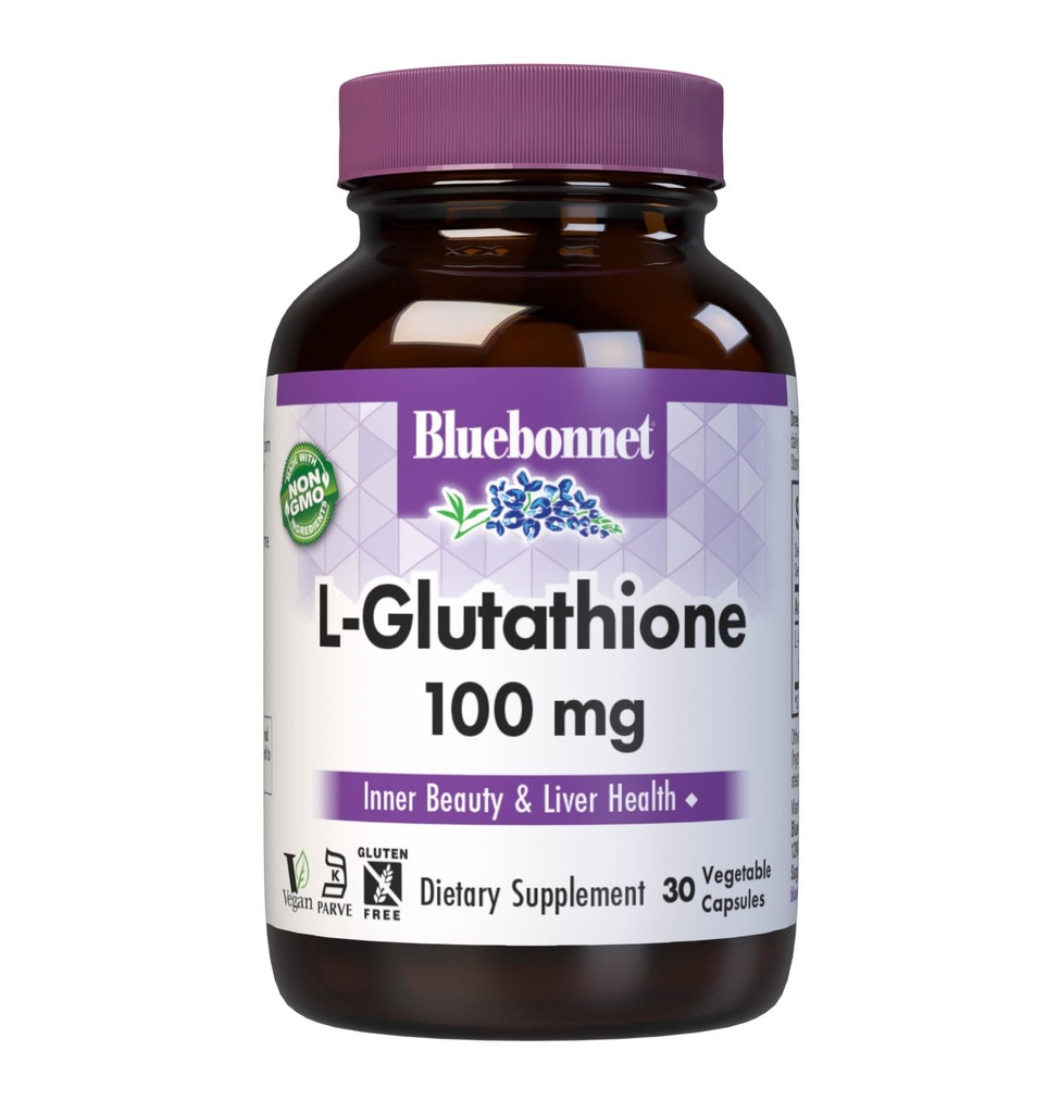 Bluebonnet栄養L-グルタチオン100mg、フリーフォームアミノ酸、フリーラジカル保護、大豆フリー、グルテンフリー、非GMO、コーシャ認定、ビーガン、30野菜カプセル、30サービング