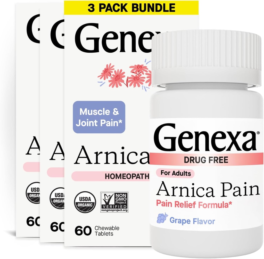 Genexa Arnicaは痛みの軽減の方式のためのタブレットを錠剤にします | 筋肉と関節の痛み、痛みを軽減し、そして緊張 | おいしい有機ブドウの味 | ホメオパシーの救済はきれいにしました | 300 咀嚼可能なタブレット (3 パック)