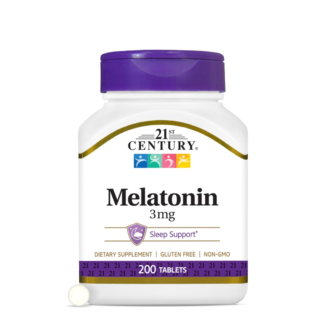 21st 世紀の Melatonin 3mg の穏やかな強さのタブレット、200 の計算、大人のための睡眠の援助は、弛緩を促進し、不十分な睡眠、非習慣の形成、グルテンフリー、非GMO