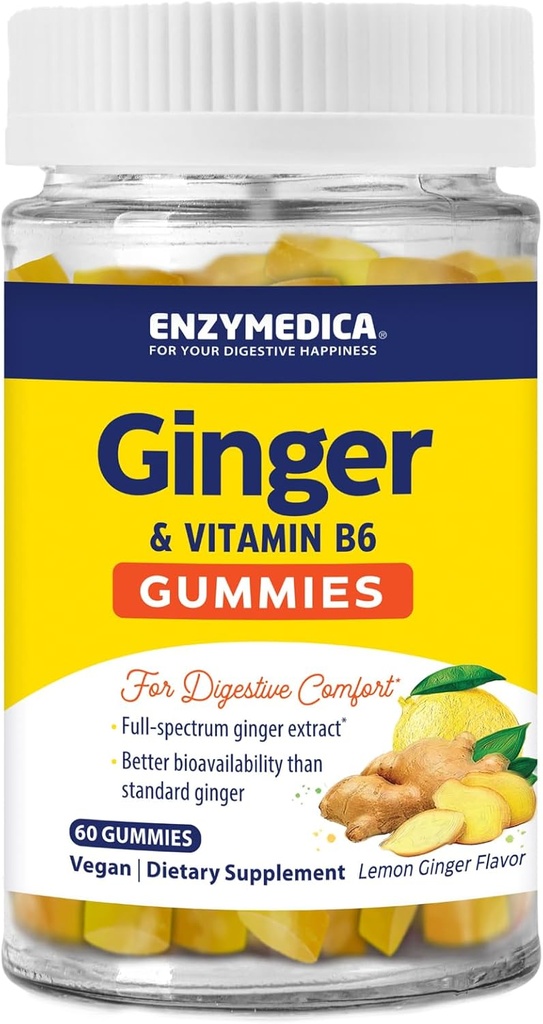 Enzymedica, Ginger & Vitamin B6 Gummies, Support for Occasional Nausea & Indigestion, High Potency, Equivalent to 200 mg Ginger Extract, 60 Count