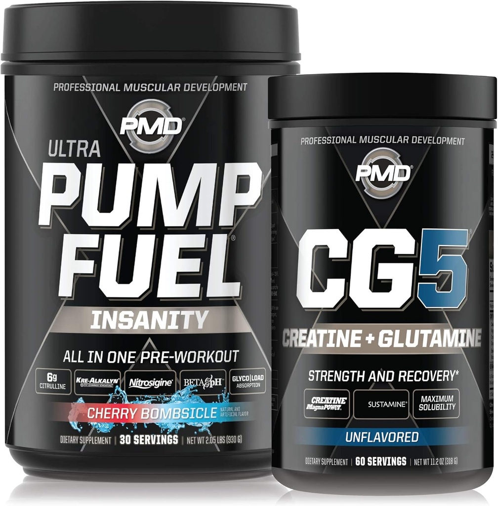 PMD Sports Ultra Pump Fuel Insanity - Pre Workout – Cherry Bombsicle (30 Servings) Sports CG5 Premium Creatine and L-Glutamine Powder (60 Servings)