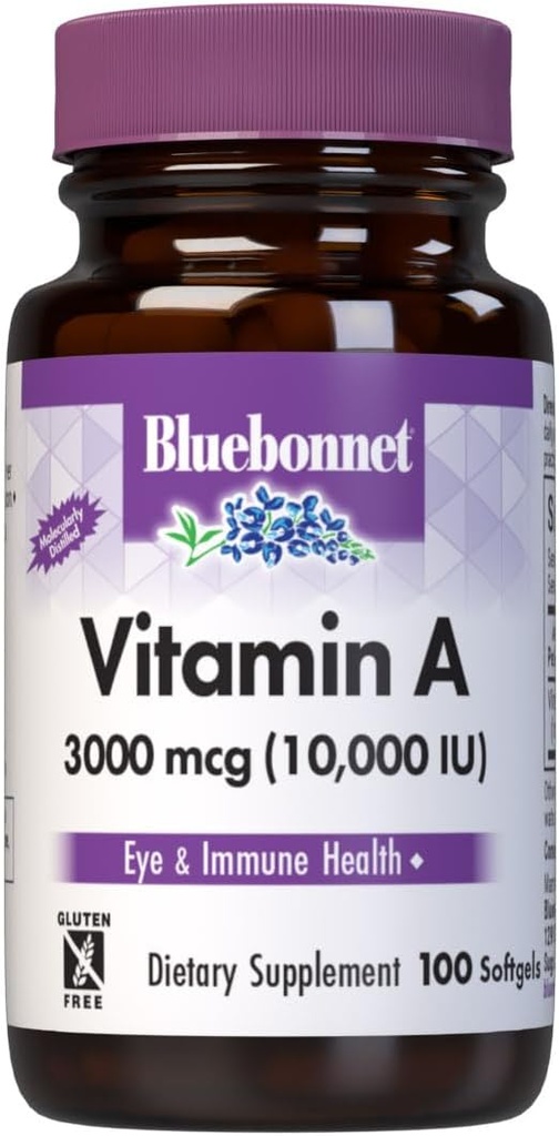 Bluebonnet Nutrition Vitamin A 10,000 IU from Deep Sea, Cold Water, Fish Oil - For Eye Health & Immune Function* - Gluten Free - Dairy Free - Molecularly Distilled - 100 Softgels - 100 Servings