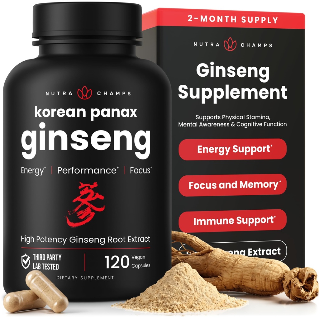 NutraChamps Korea Red Panax Ginsengカプセル | エネルギー、焦点、性能、Vitality&Immeサポートの余分強さのGinsenosides | 韓国のGinsengの根のエキス(120、赤)