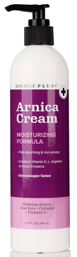 Miracle Plus Arnica Cream Bruise Relief Lotion For Bruising And Swelling On Skin | Arnica Montana Extra Strength Vitamin K Cream | Skin Care Body & Face Moisturizer With Horse Chestnut, 11.75 Fl Oz