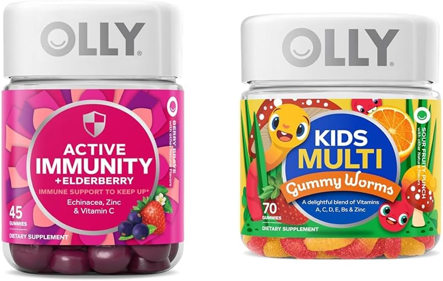 OLLY Gummy Active Immunity+Elderberry 45 Gummies & Kids Multivitamin Gummy Worms 70 カウント
