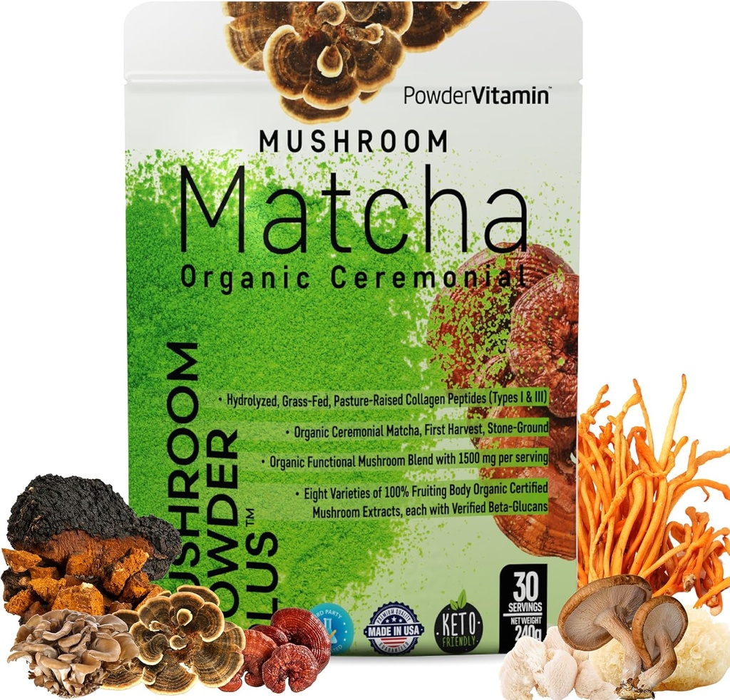 PowderVitamin オーガニック セレモニアル キノコ 抹茶 認定農薬フリー グラスフェッド コラーゲンタイプ I&III 8 フルーツ ボディ マッシュルーム β-グルカン フォーカス消化と免疫 30 サービング