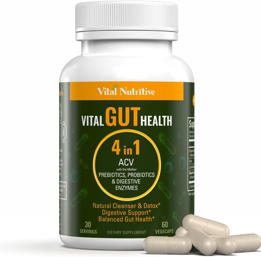 Vital Gut Health 4in1フォーミュラとApple Cider Vinegar, Prebiotics & Probiotics, 強力な免疫サポートと完全なガットと消化のサポート