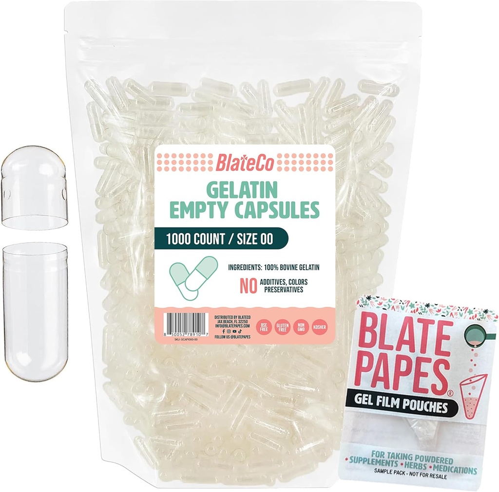 BlateCoプレミアムサイズ00空のゼラチンカプセル、Blate Papes®ゲルフィルムポーチ付き1000カウント(クリア) - 再封可能なバッグに新しく、非GMO充填ピルキャップ - 人工的なものはありません。