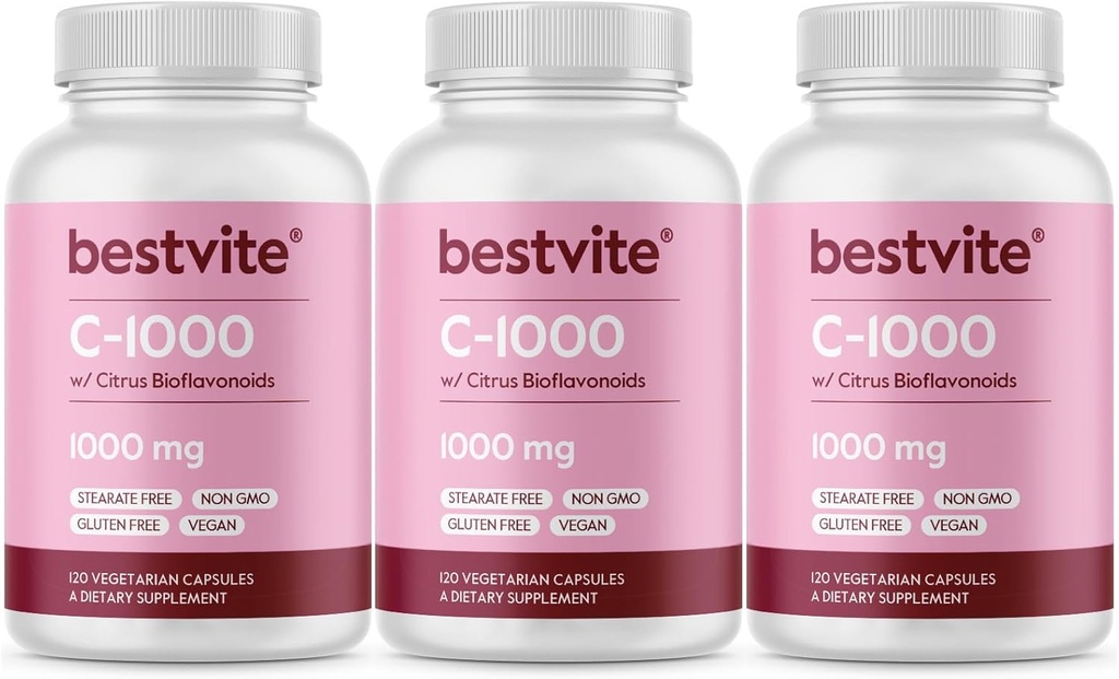 BESTVITEビタミンC 1000mg(360ベジタリアンカプセル)(Citrus Bioflavinoids付き120 x 3) - 無菌 - 完全菜食主義者 - 完全菜食主義者 - 完全菜食主義者の非GMO - グルテンフリー