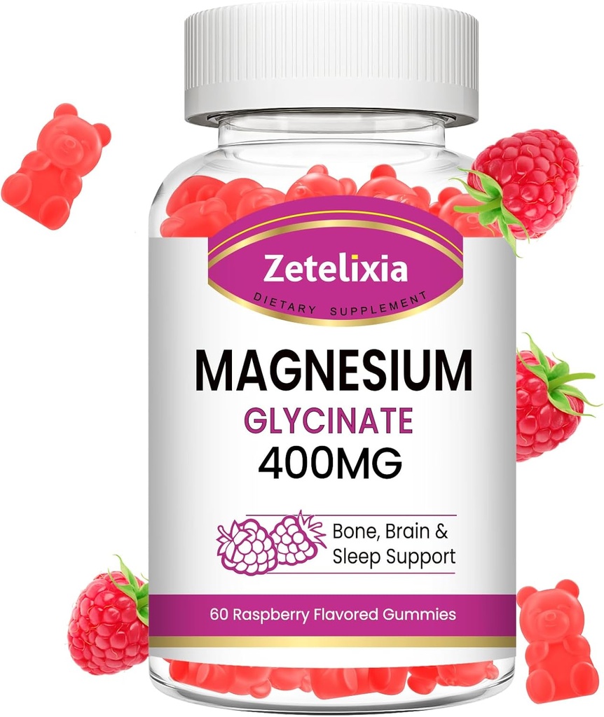 Magnesium Glycinate Gummies, High Absorption Magnesium Glycinate Supplements for Relaxation, Sugar Free Chews for Adults & Kids, Raspberry Flavor 60 Cts