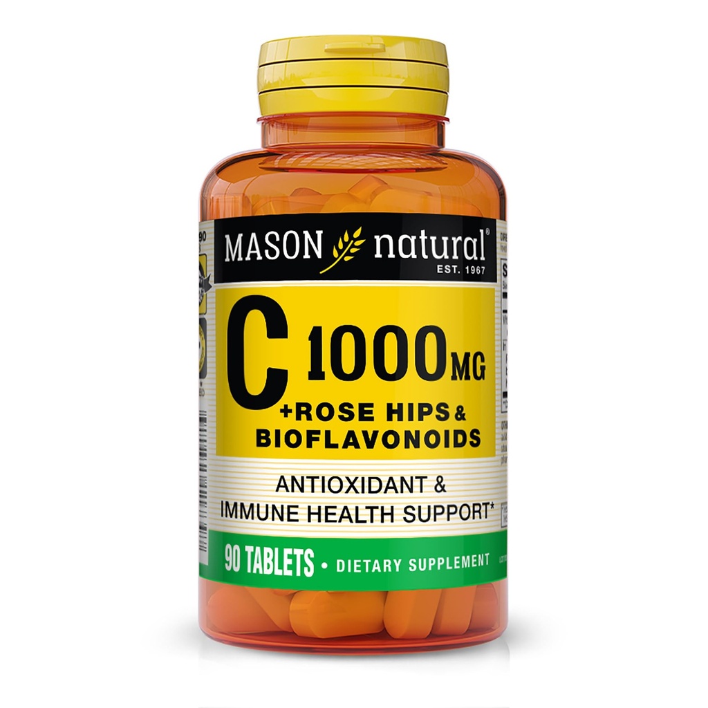 MASON NATURALビタミンC 1,000 mg Plus Rose HIPSとBioflavonoidsコンプレックス - 健康な免疫システム、抗酸化剤、エッセンシャル栄養素、90錠をサポート