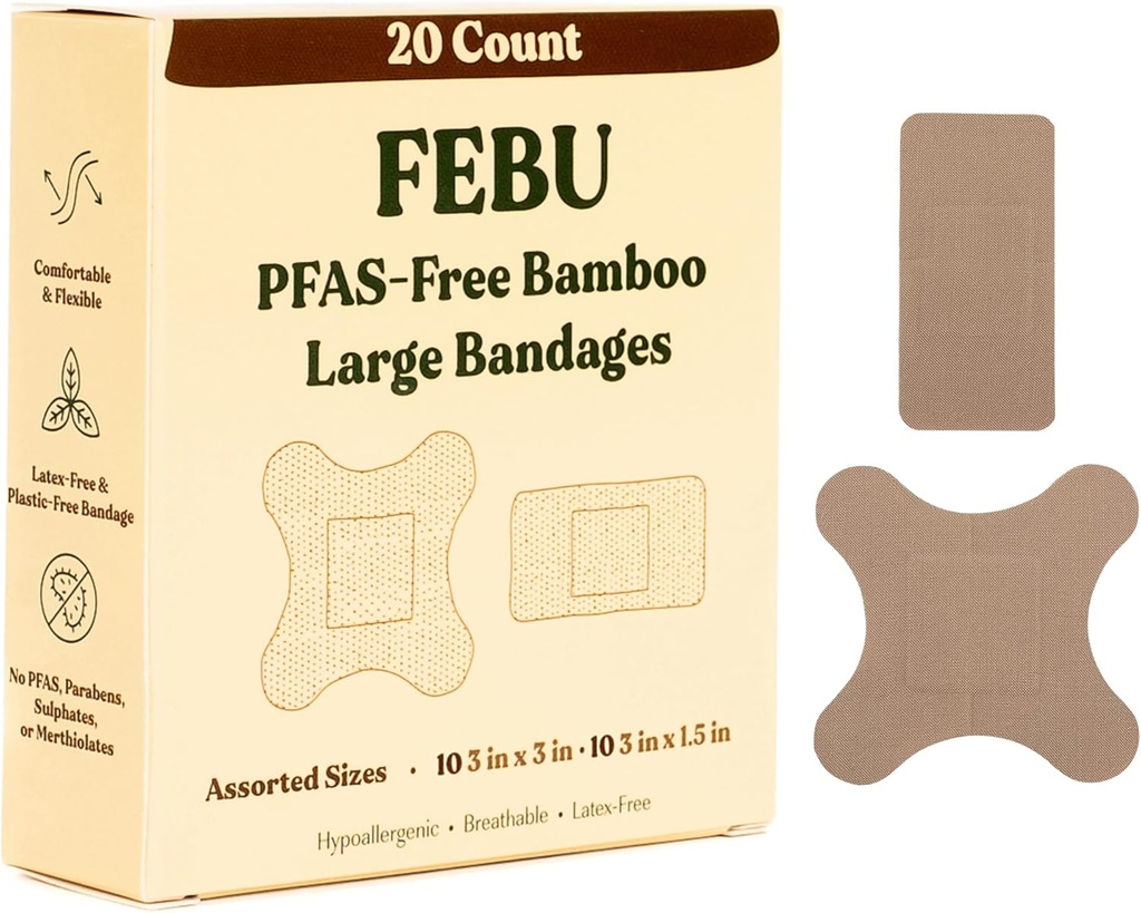 FEBU エコフレンドリー 大型竹包帯 | PFAS 無料で包帯・カット | フレキシブル ファブリック 包帯 | 完全堆肥化・乳液フリー包帯 | 20 カウント 大型