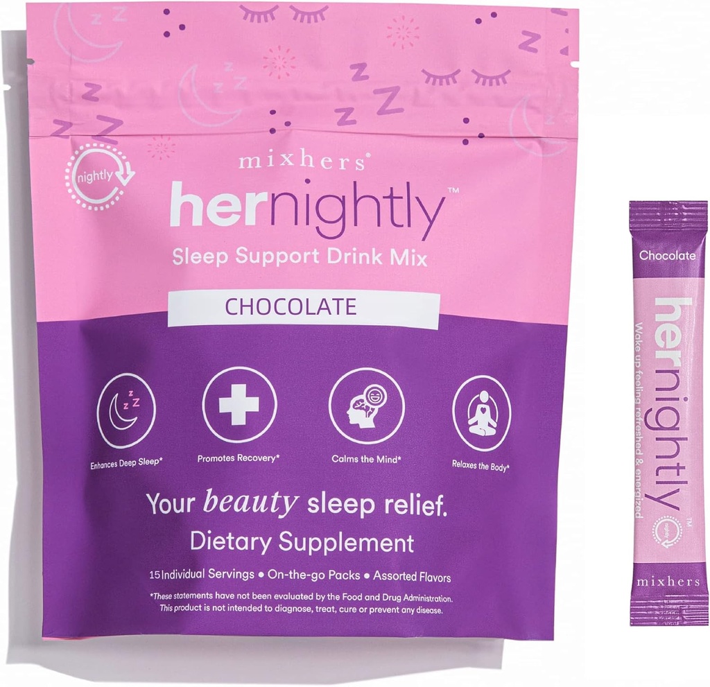 MIXHERS 睡眠サポートサプリメント | メラトニン、アシュワガンダ、カモミール、L-グリシン、L-テアニンを配合 | リラックスドリンクミックス 休眠 | チョコレート味 | 15 スティックパケット