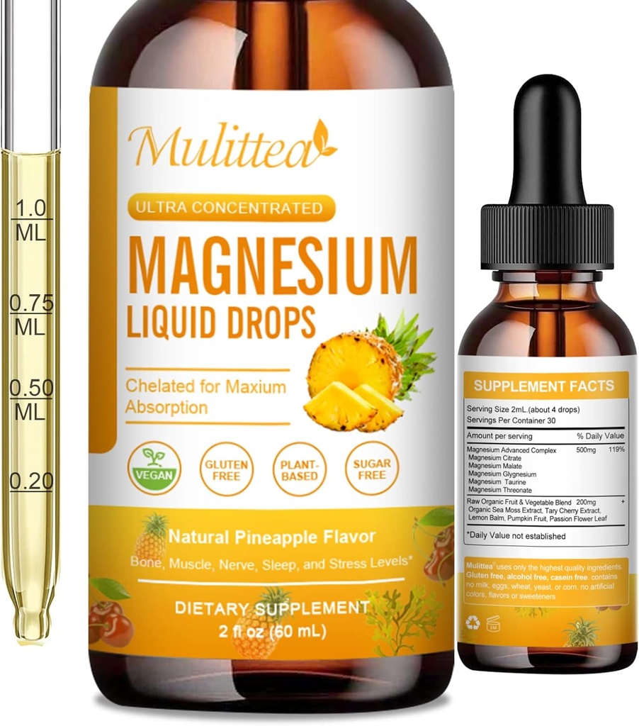 Magnesium 500mg Liquid Drops - High Absorption 5-in-1 Magnesium Complex Supplement with Glycinate, Malate, Citrate, Taurate - for Bone, Muscles, Nerves & Energy - Vegan Formula, Sugar Free, 2 Fl.oz