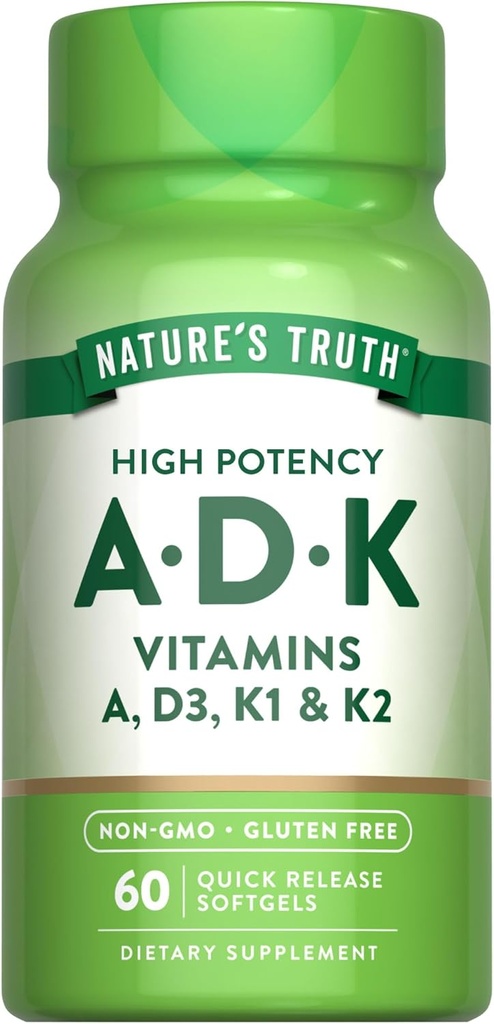 Nature's Truth Vitamin ADK | 60 Softgels | ビタミンA、D3、K1、K2の高効力 | 非GMO&グルテンフリーサプリメント