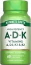 Nature's Truth Vitamin ADK | 60 Softgels | ビタミンA、D3、K1、K2の高効力 | 非GMO&グルテンフリーサプリメント