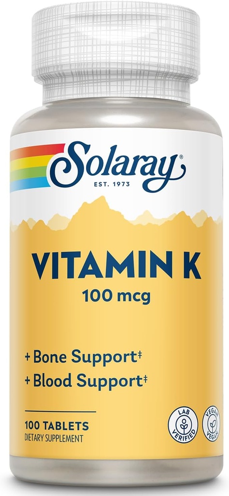 SOLARAYビタミンK-1 100mcg | 健康な骨構造, 血液凝固, タンパク質合成サポート | 非GMO, ヴィーガン&ラボ 確認済み | 100錠