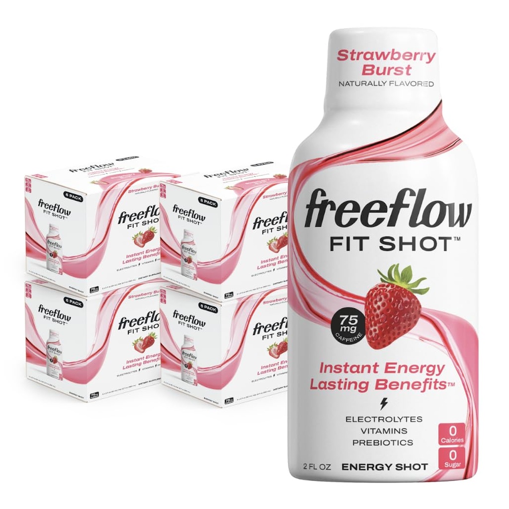 Freeflow Fit Energy Shots、Strawberry Burst、L-theanine、Ginseng、ビタミン、Prebiotics、Electrolytes(24カウント、2ozショット)によるナチュラルカフェインブースト
