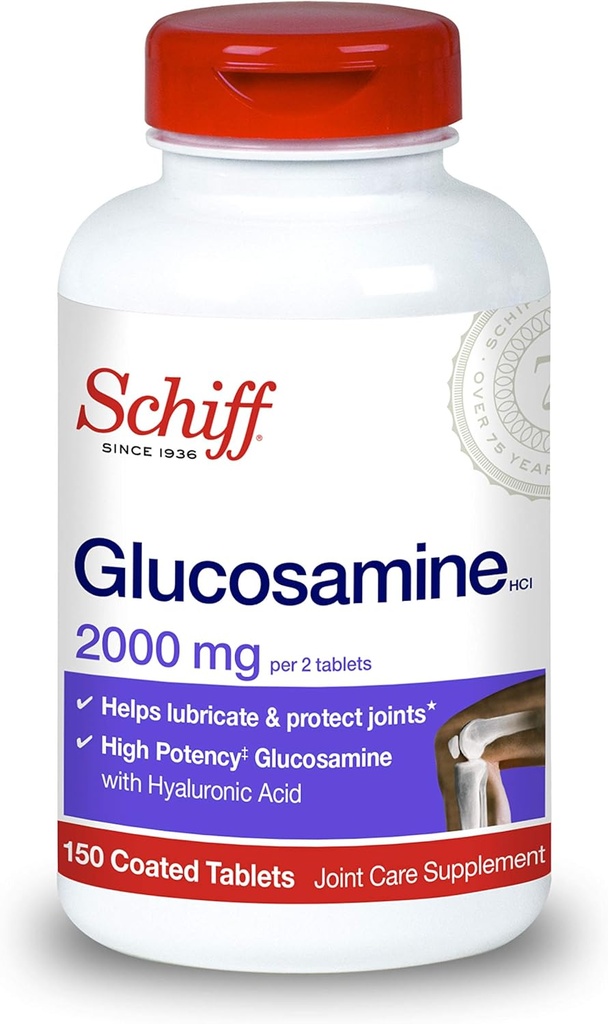 Schiff Glucosamine 2000mg (サービングごとの) + Hyaluronic酸のタブレット(びんの150の計算)、共同心配の補足は共同移動性及び柔軟性を支えます、軟骨の構造を支えます