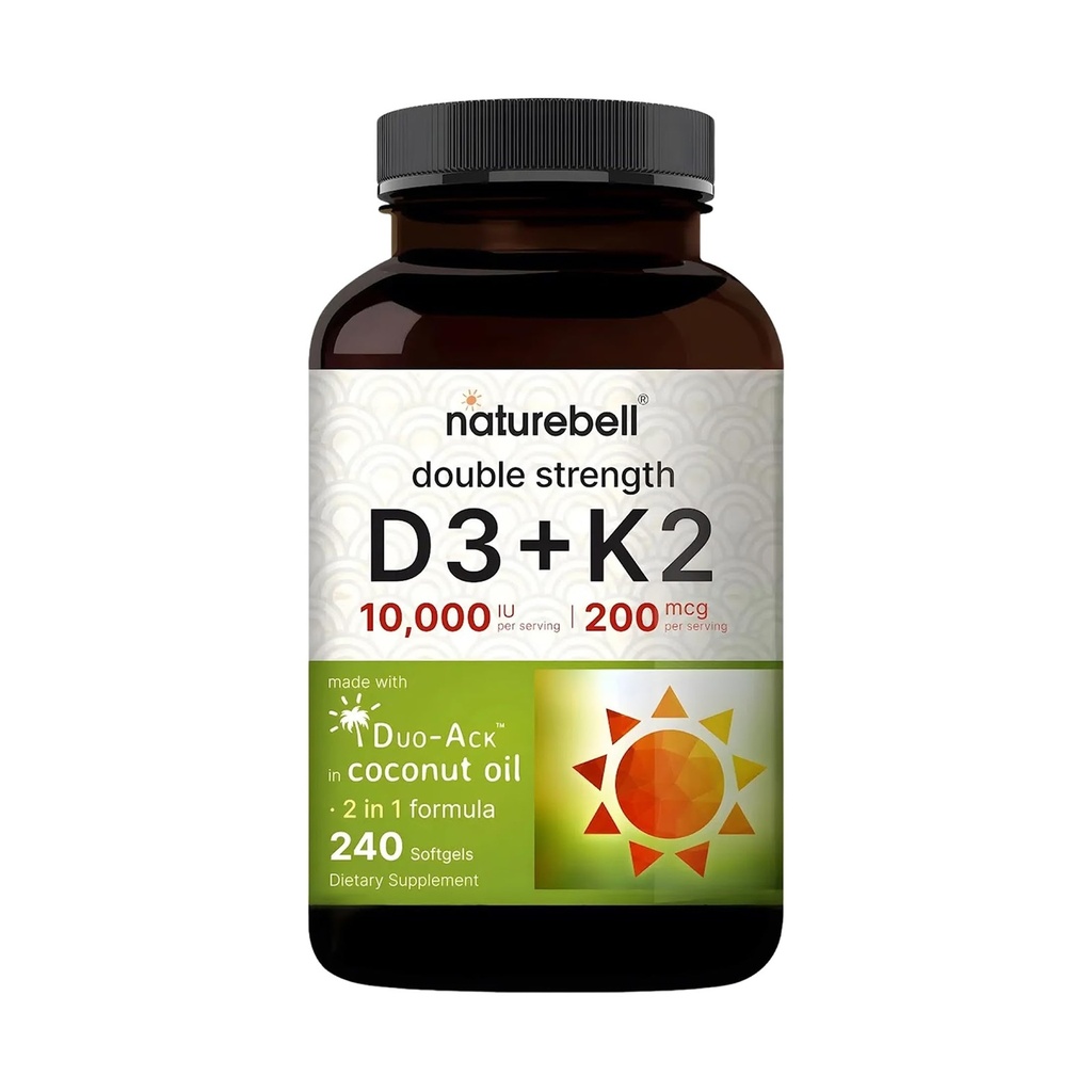 NatureBellのビタミンの倍の強さD3 + K2-240のSoftgels - 10,000のIUのビタミンD及び200mcg K2 -骨の強さ、免疫機能及びカルシウム吸収サポート* - ココナッツ油の注入