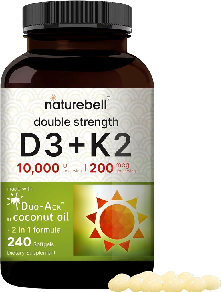 NatureBellのビタミンD3 10,000 IU + K2 200 mcg、240 Softgels | ココナッツオイルで毎日の高い効力の方式 | 骨、心及び免疫サポート | MK-7 フォーム | GMO