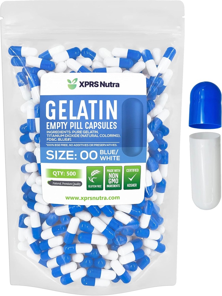 XPRSのNutraのサイズ00の空のカプセル- 500の計算の空のゼラチンのカプセル-Pills DIYのカプセルの詰物-Do-It-Yourselfの補足のための満たされた丸薬のゲルの帽子(青/白)