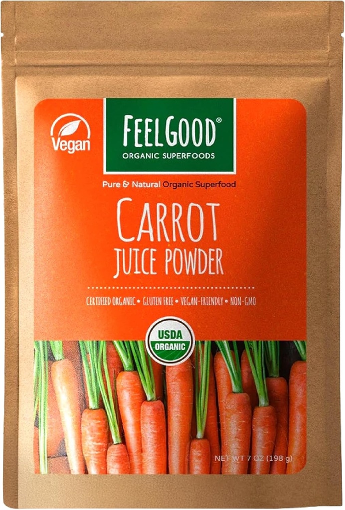 Feelgood のスーパーフードのニンジン ジュースの粉 - 消化器、皮、目及び免疫サポートのための健康の補足 - ベータ カロテン及びビタミン A - 7 oz を含んでいます