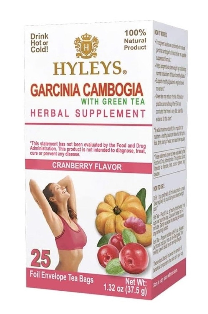 HYLEYS Tea Garcinia Cambogia Green Tea Cranberry Flavor - 25 Tea Bags (6 Pack - 150 Tea Bags Total)