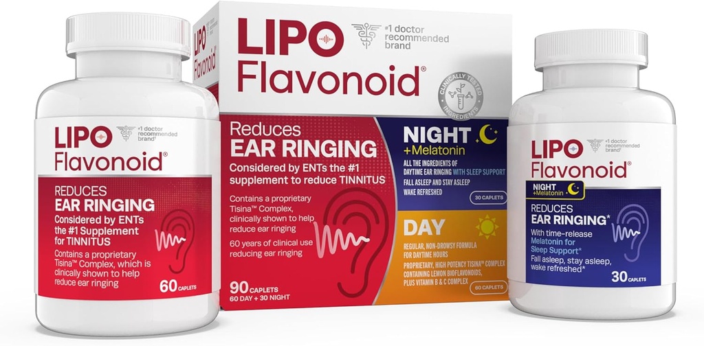 Lipo Flavonoid Day & Night Combo Kit, Tinnitus Relief for Ringing Ears, Lipo Flavonoid Plus & Lipo Flavonoid Night with Melatonin & Vitamin C, 90 Caplets