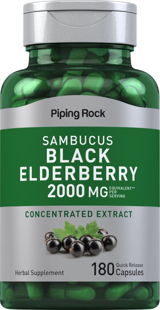 ピッピングロックエルダーベリーカプセル | 2000 mg | 180丸薬 | サムブカス草エキスサプリメント | 濃縮エキス | 非GMO、グルテンフリー