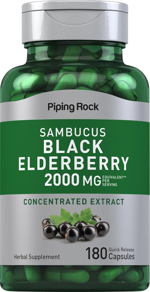 Piping Rock Elderberry Capsules | 2000 mg | 180 Pills | Sambucus Herbal Extract Supplement | Concentrated Extract | Non-GMO, Gluten Free