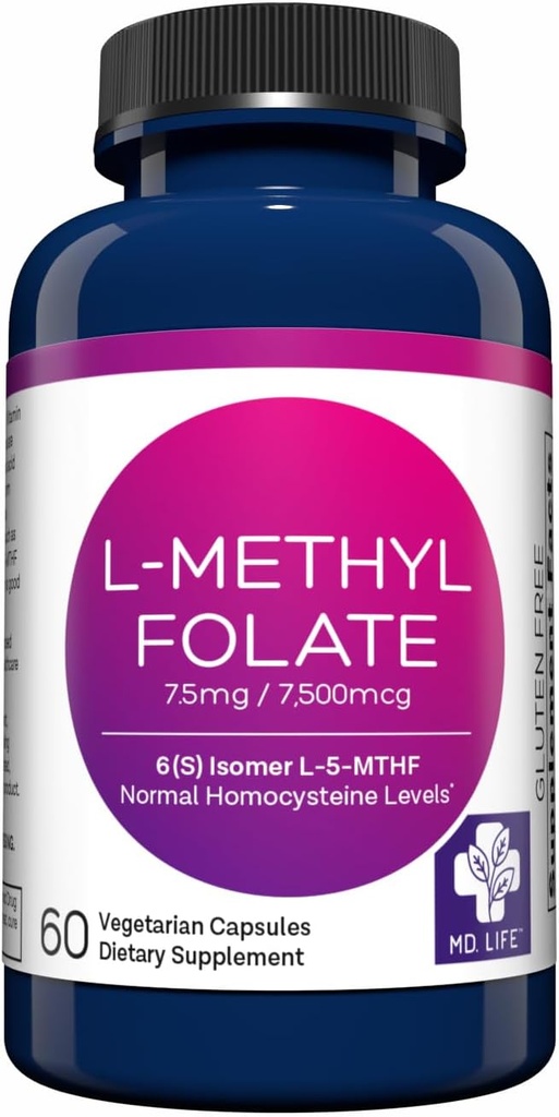 MDの生命L-Methylfolate 7.5のmgの補足-専門の等級の活動的なLのMethylfolateの補足- 60のカプセル- L-Methylfolate 7.5mg -最高の効力MTHFR W/Essentialのアミノ酸
