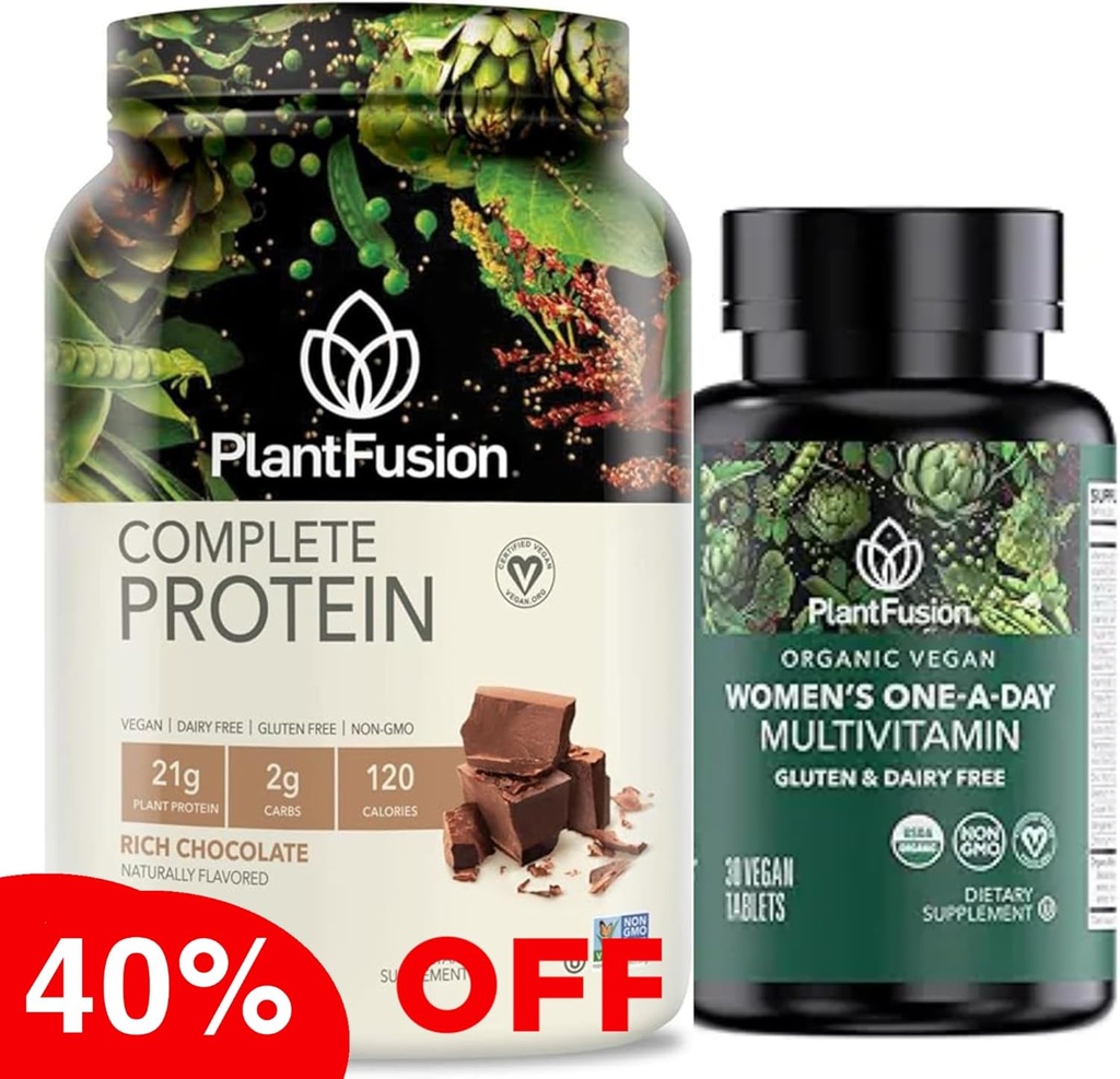 PlantFusion Protein Powder & Organic Women’s Multivitamin Bundle – 21g 植物由来タンパク質 BCAAs, クリーン成分, おいしい味プラス 19 エネルギー、免疫、心臓ヒーのための必須ビタミン