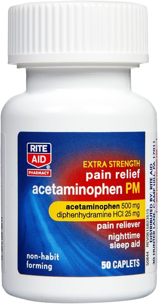 Rite Aidの余分強さPMの痛みの軽減の小冊子、500mg Acetaminophen/25mg Diphenhydramine - 50の計算 夜間PMの痛みのReliever +睡眠の援助 共同痛みの軽減 月経の痛みの軽減+ PMSの救助