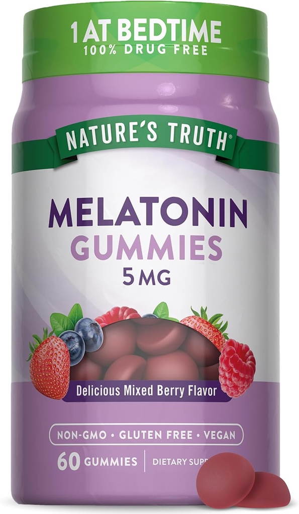 Nature's Truth Melatonin Gummies 5mg | 60 Count | Mixed Berry Flavor | Vegan, Non-GMO & Gluten Free Supplement