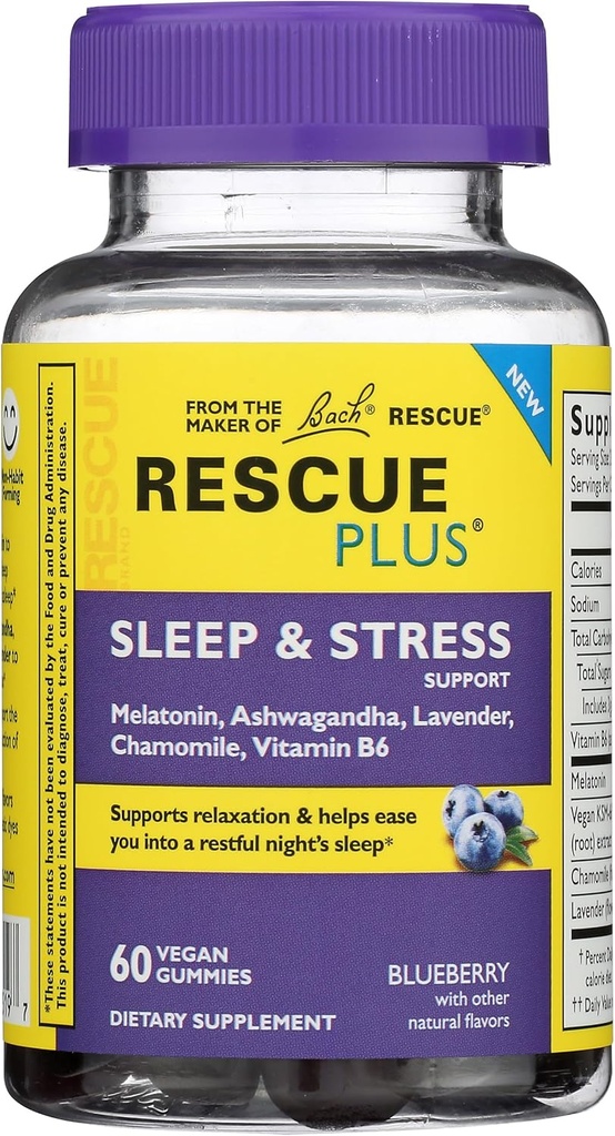 Bach Rescue Plus Sleep & Stress Support Gummies, Nighttime Dietary Supplement with 1mg Melatonin, Ashwagandha, Chamomile, Lavender & Vitamin B6, 60 Gummies (Pack of 3)