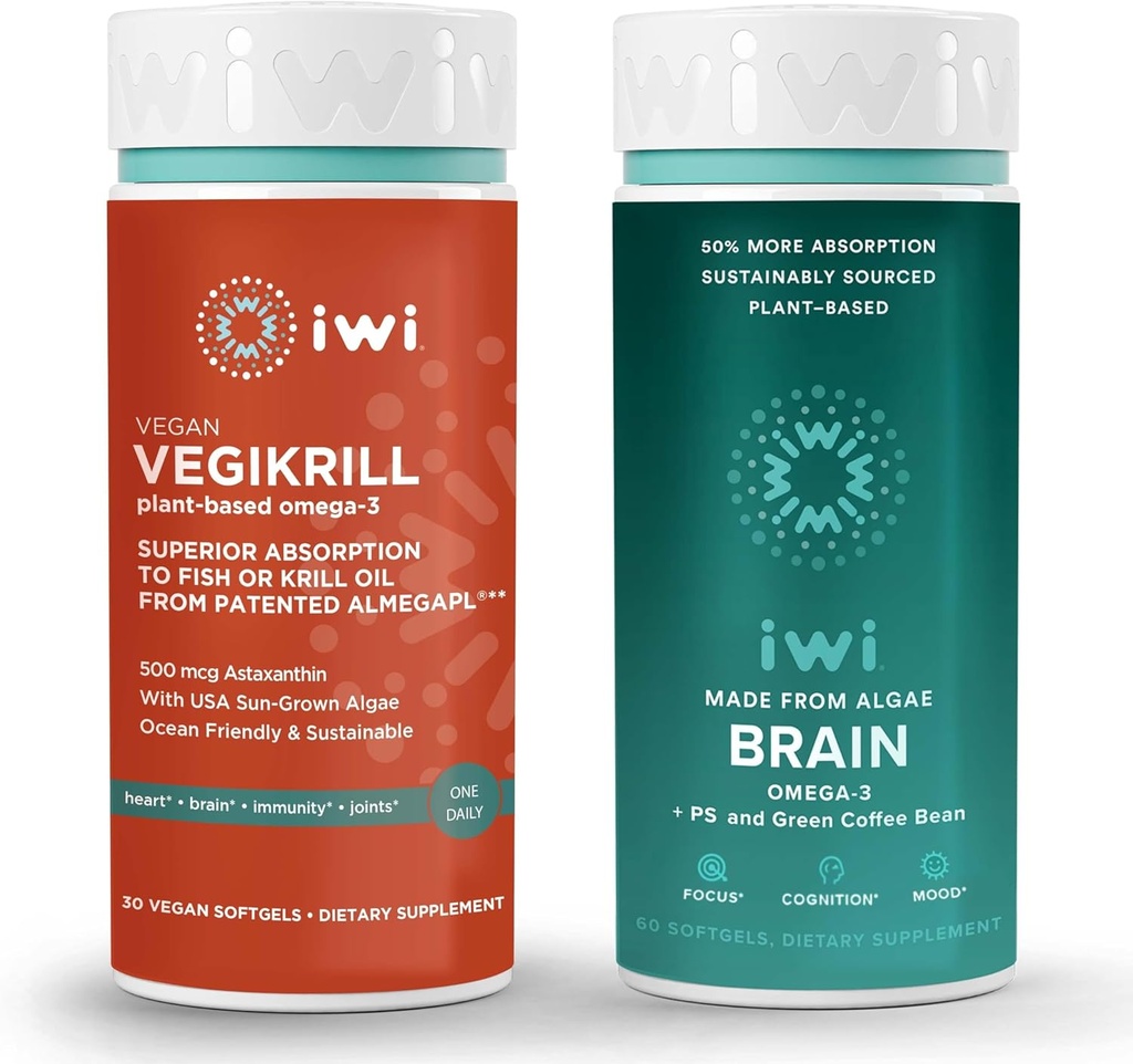 iwi life Vegikrill&Brain Omega-3バンドル、30サービング、ビーガン植物ベースの藻オメガ3 EPA + DHA、Krill&Fish Oil代替、魚介のAftertasteなし
