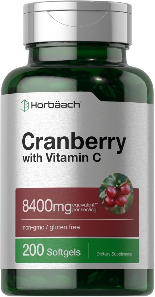 Horbäach Cranberry Pills for Women and Men | 8400mg | 200 Softgels | Extract Supplement with Vitamin C | Non-GMO, Gluten Free