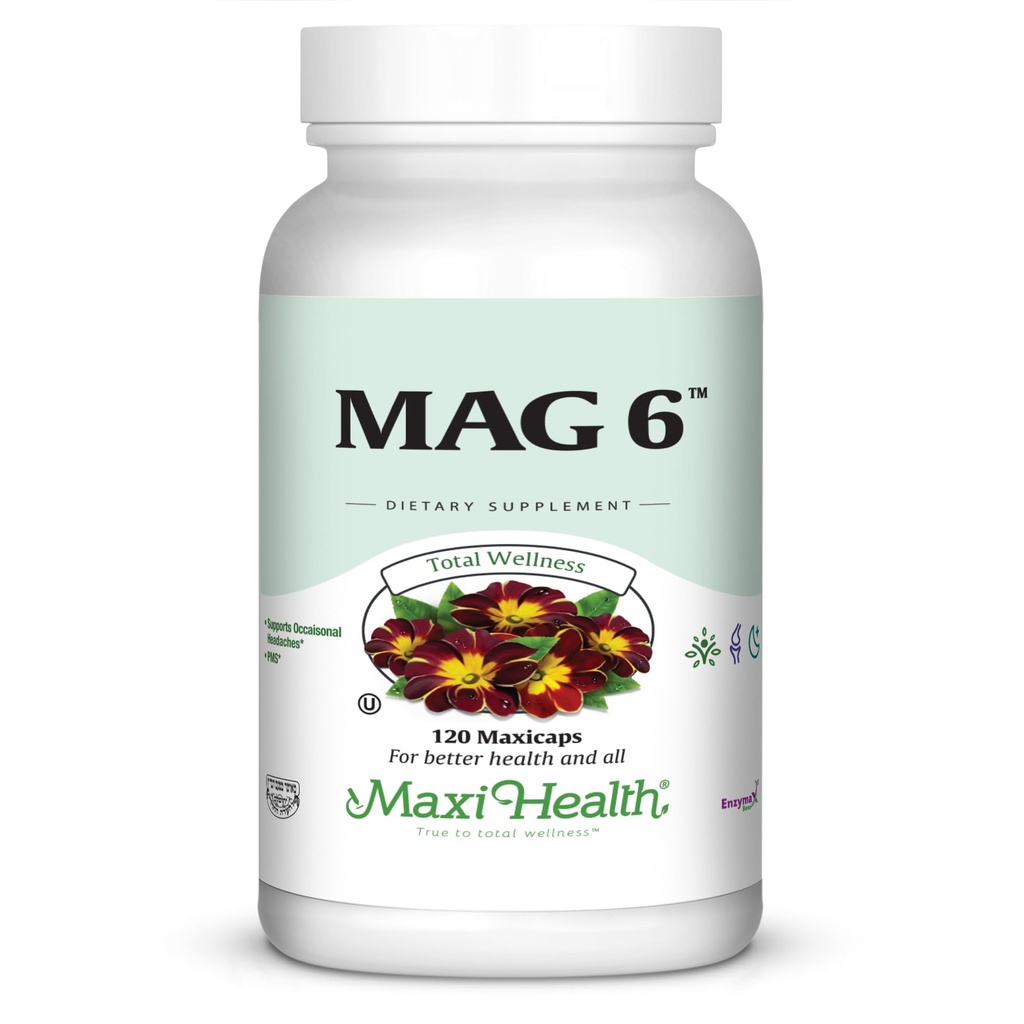 Maxi Health MAG 6 - ビタミンB6とマグネシウム(酸化物、グリシナート) - 片頭痛、筋肉のけいれん、腎臓の石サポート - 女性と男性のためのマグネシウムサプリメント - 120カプセル - Kosher