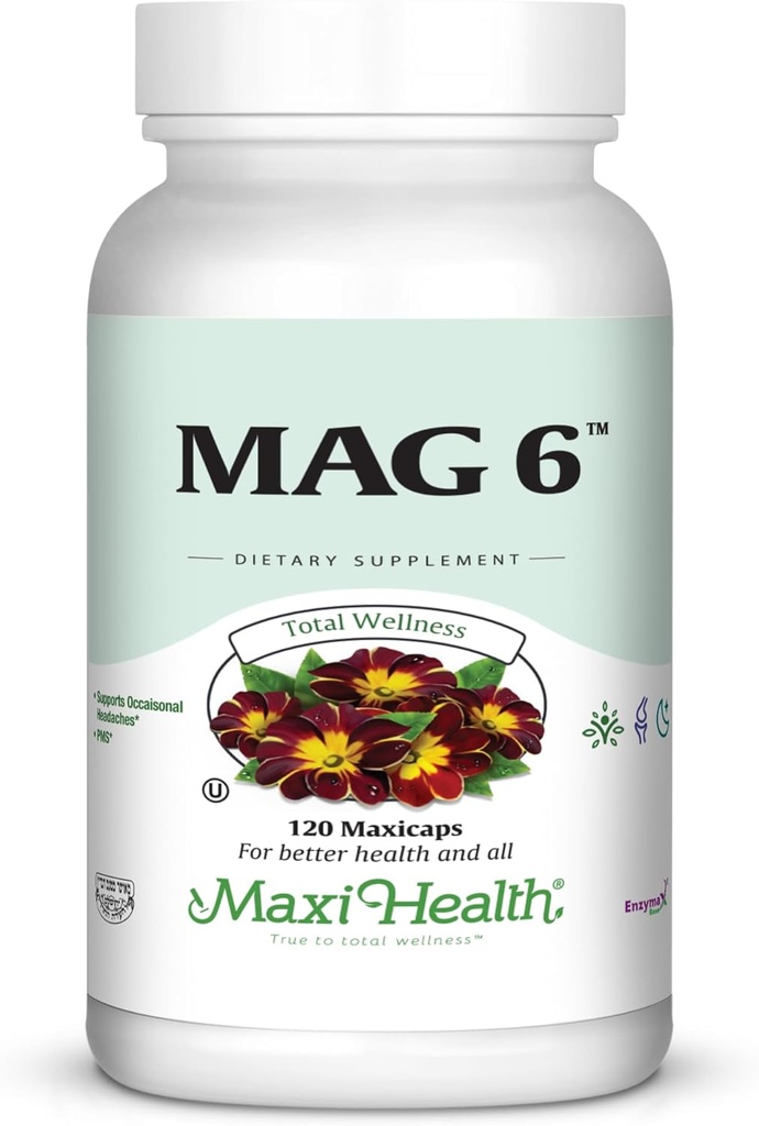 Maxi Health MAG 6 - ビタミンB6とマグネシウム(酸化物、グリシナート) - 片頭痛、筋肉のけいれん、腎臓の石サポート - 女性と男性のためのマグネシウムサプリメント - 120カプセル - Kosher