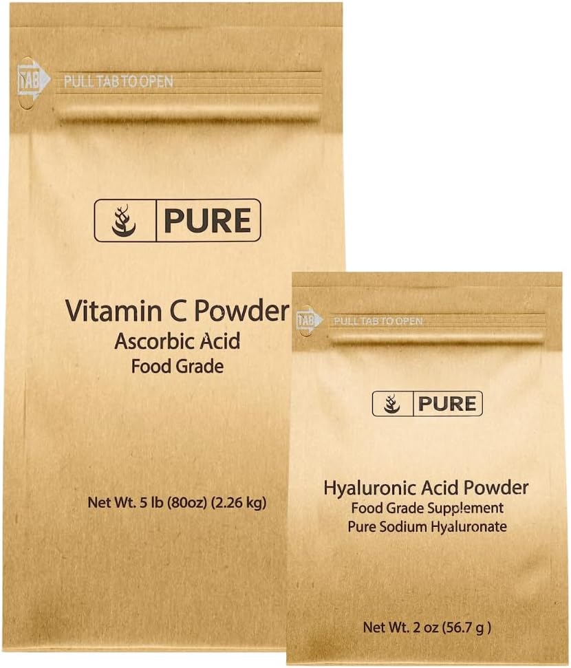 Pure Original Ingredients Vitamin C Powder and Hyaluronic Acid Bundle, Various Sizes, Fine Powder, Water Soluble
