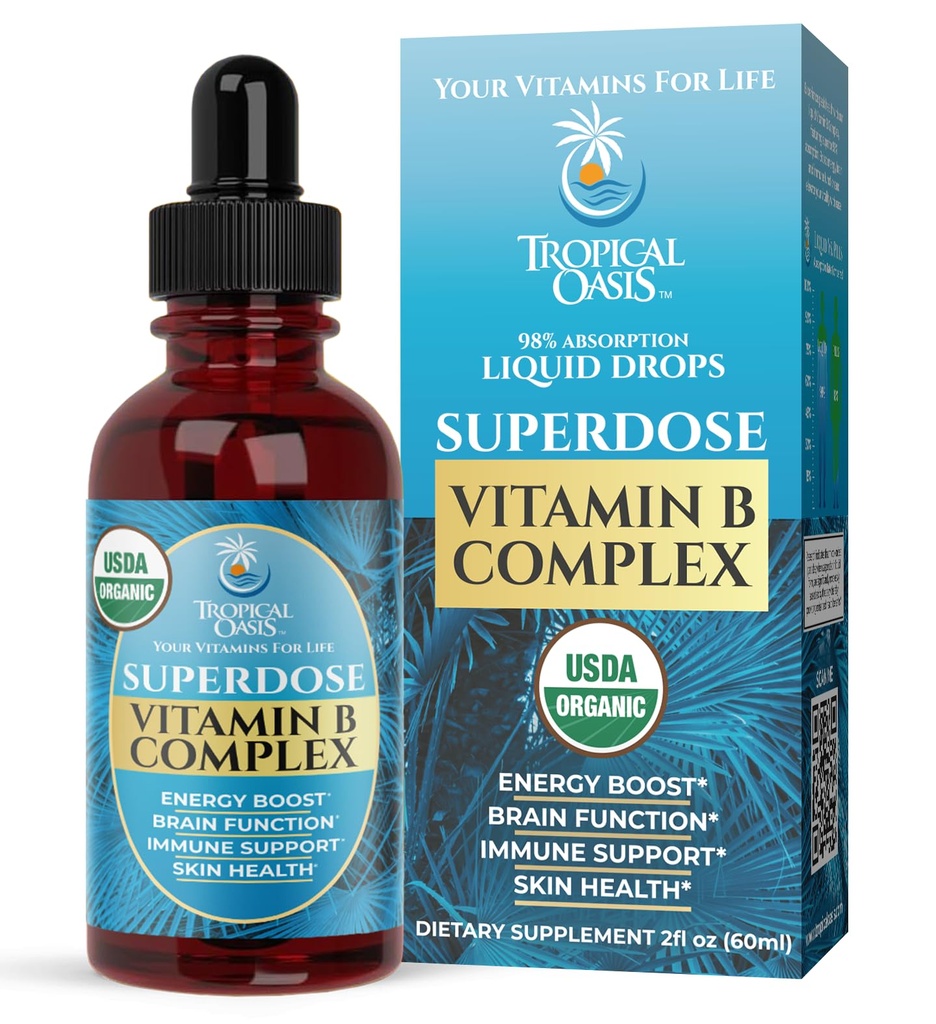 Superdose Organic Vitamin B Complex Liquid Drops | 125,000% DV Vitamin B12, B6, ビオチン, Niacin, Folate | エネルギー, 脳の健康, 免疫サポート | USDA オーガニック, ビーガン, 非GMO | 60 Serv, 2 Mo. Supply