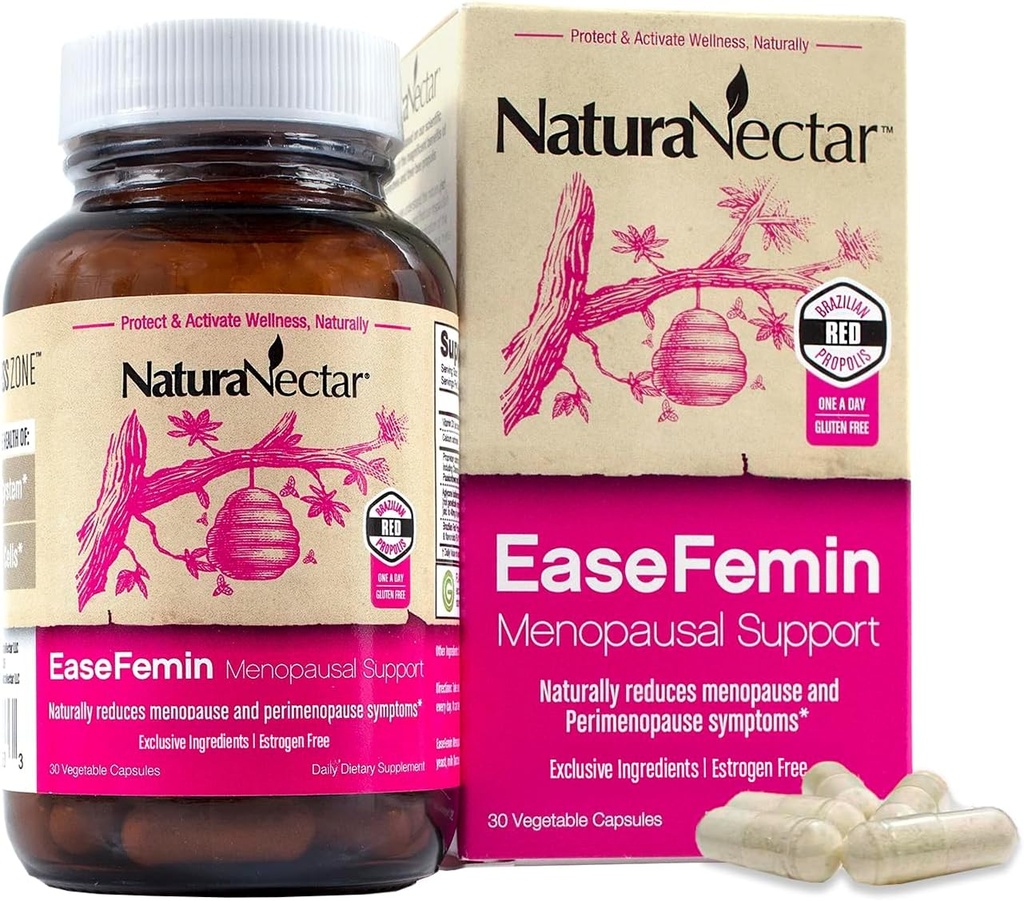 NaturaNectar - 女性のためのEaseFemin Menopausalサポートサプリメント - ホットフラッシュとナイトの汗のためのエストロゲンフリーの赤い蜂のプロポリスカプセル - 自然とプロプライタリカルミングハーブブレンド(30pcs)。