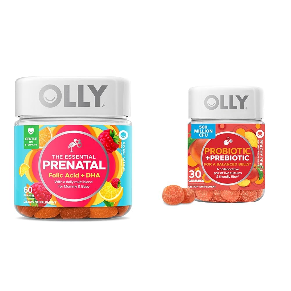 OLLY エッセンシャル プレナタル ガミー マルチビタミン, 30 日の供給 (ガミー), 甘い, 葉酸 & プロバイオティック + プレバイオティック ガミー, 消化のサポートと腸の健康, 500 百万 CFUs, 繊維
